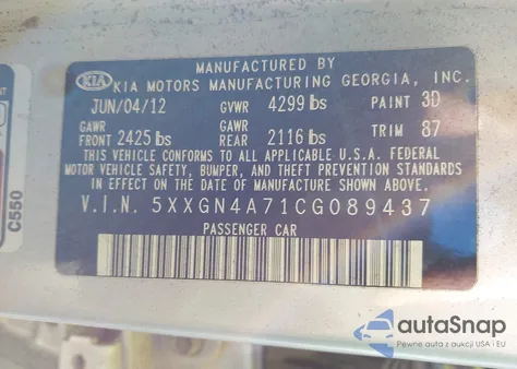 2012 Kia Optima Ex from USA, damaged, VIN 5XXGN4A71CG089437